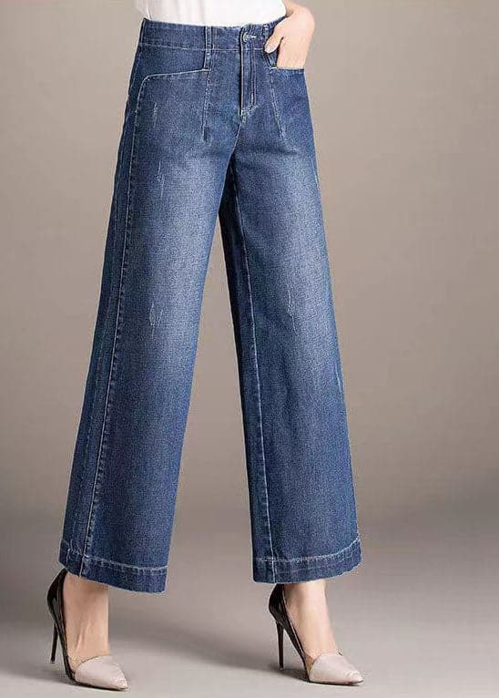 Beautiful Denim Blue High Waist Pockets Draping Cotton Straight Pants Summer NZ-CPTS220627