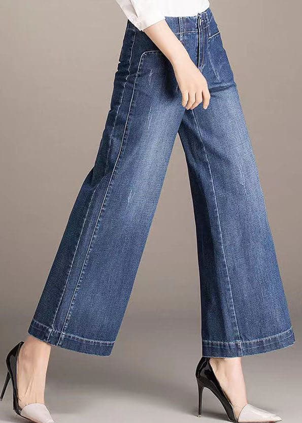 Beautiful Denim Blue High Waist Pockets Draping Cotton Straight Pants Summer NZ-CPTS220627