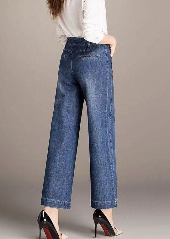 Beautiful Denim Blue High Waist Pockets Draping Cotton Straight Pants Summer NZ-CPTS220627