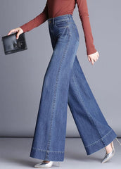 Beautiful Denim Blue High Waist Pockets Patchwork Cotton Wide Leg Pants Fall NZ-LPTS220715