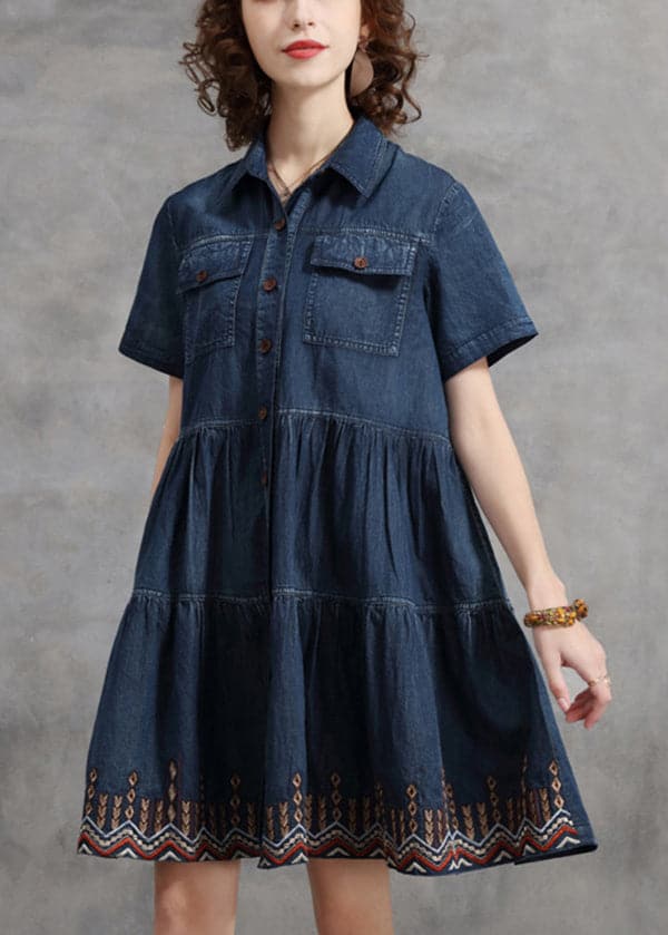 Beautiful Denim Blue Peter Pan Collar Embroideried Cotton Shirt Dress Short Sleeve NZ-SDM220606