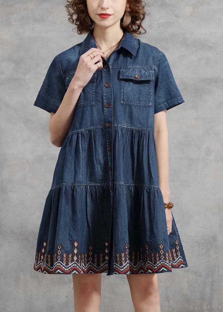 Beautiful Denim Blue Peter Pan Collar Embroideried Cotton Shirt Dress Short Sleeve NZ-SDM220606