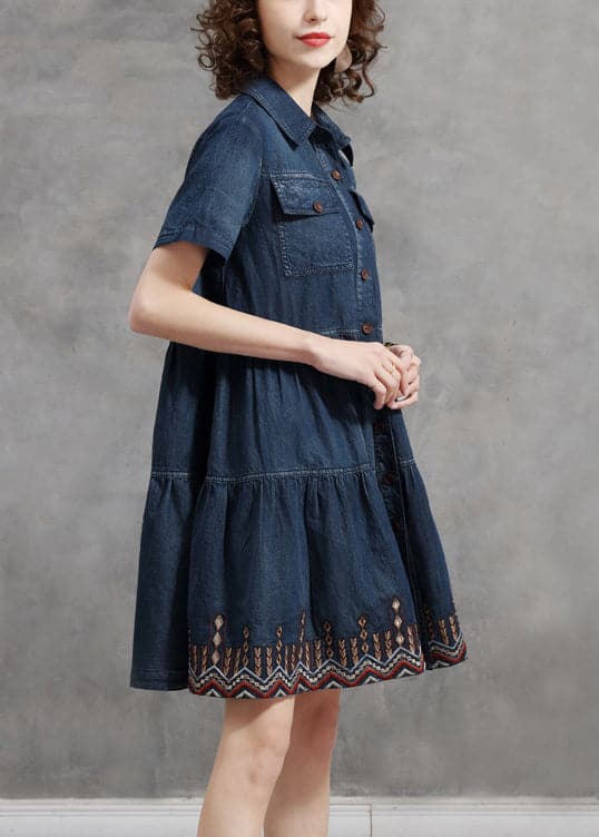 Beautiful Denim Blue Peter Pan Collar Embroideried Cotton Shirt Dress Short Sleeve NZ-SDM220606