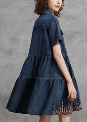 Beautiful Denim Blue Peter Pan Collar Embroideried Cotton Shirt Dress Short Sleeve NZ-SDM220606