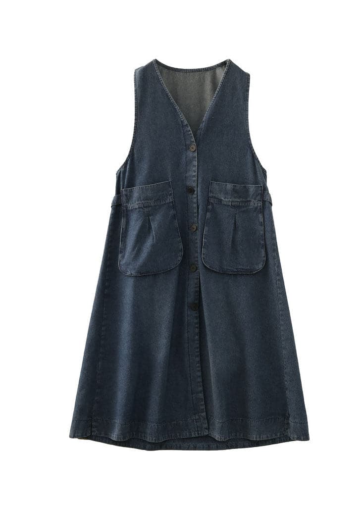 Beautiful Denim Blue V Neck Patchwork Pockets Cotton A Line Dress Sleeveless GK-FDL220804