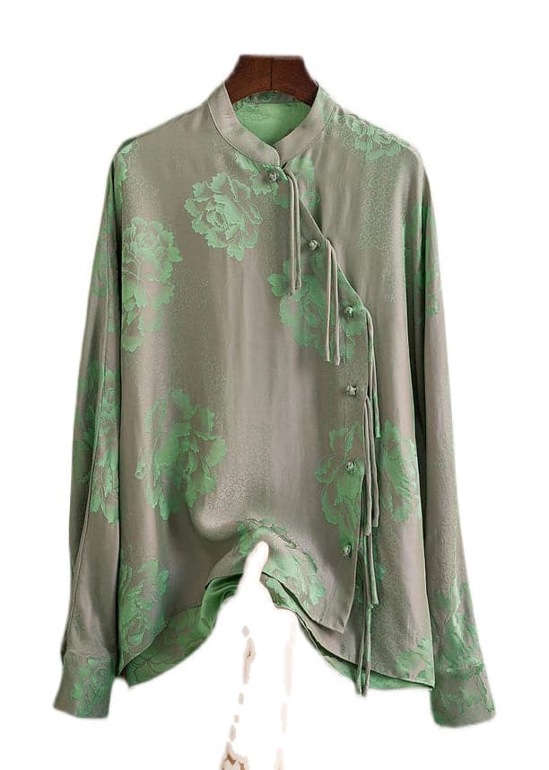 Beautiful Green Mandarin Collar Button Print Silk Shirt Top Spring ZS-LTP220317