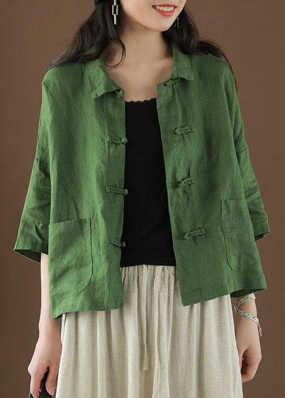 Beautiful Green Peter Pan Collar Pockets Summer Linen top GK-HTP210721