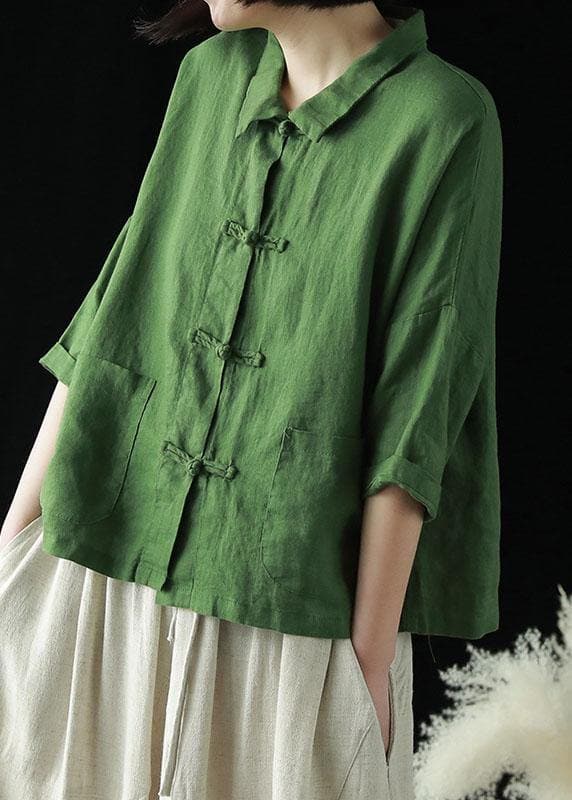 Beautiful Green Peter Pan Collar Pockets Summer Linen top GK-HTP210721