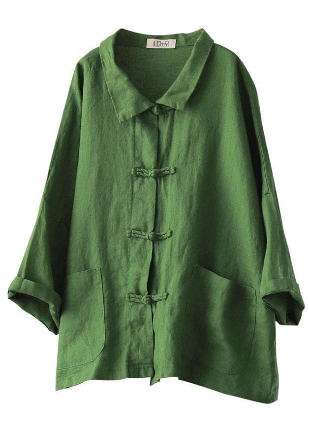 Beautiful Green Peter Pan Collar Pockets Summer Linen top GK-HTP210721