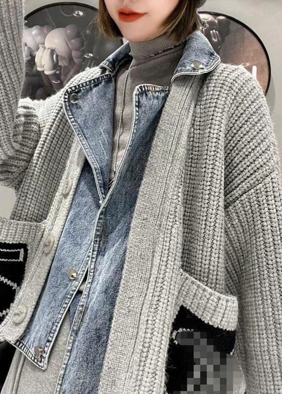 Beautiful Grey Denim Patchwork Pockets Button Fall Sweater Coat BSKNIT-NCT210927