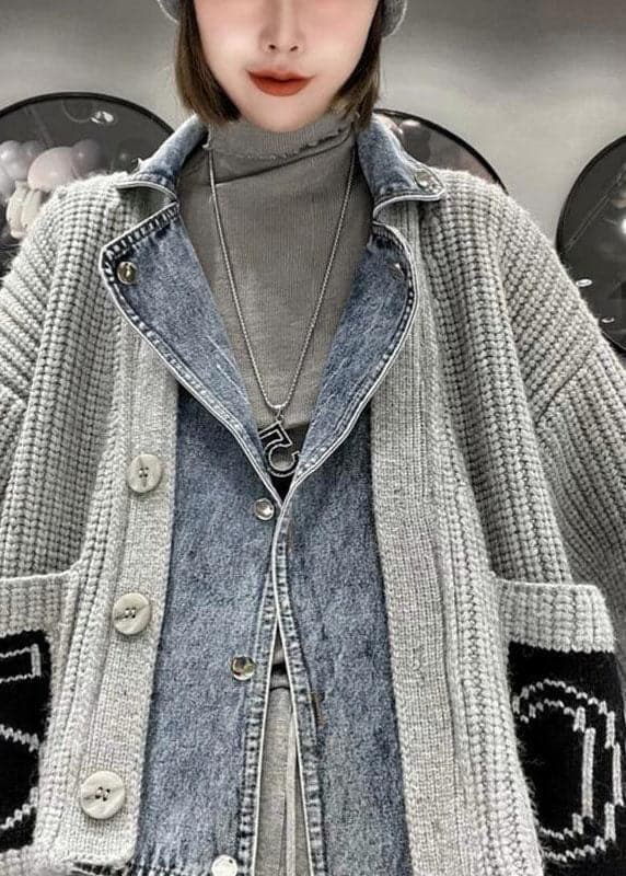 Beautiful Grey Denim Patchwork Pockets Button Fall Sweater Coat BSKNIT-NCT210927