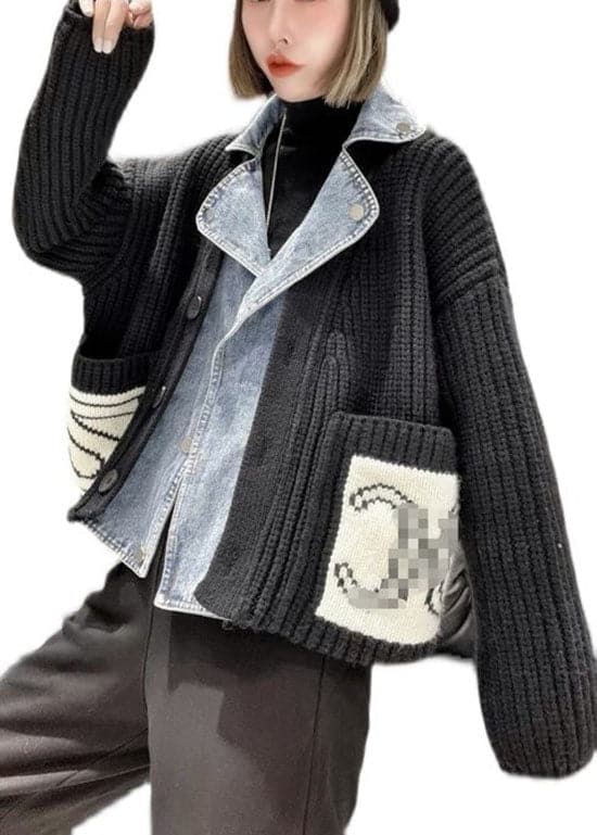 Beautiful Grey Denim Patchwork Pockets Button Fall Sweater Coat BSKNIT-NCT210927