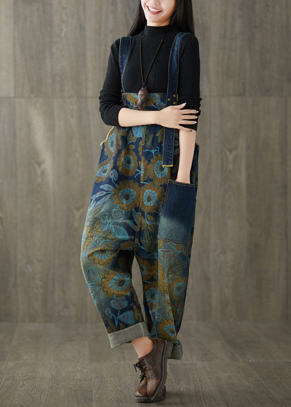 Beautiful Navy pockets Print jeans Jumpsuit Spring dylinoshop