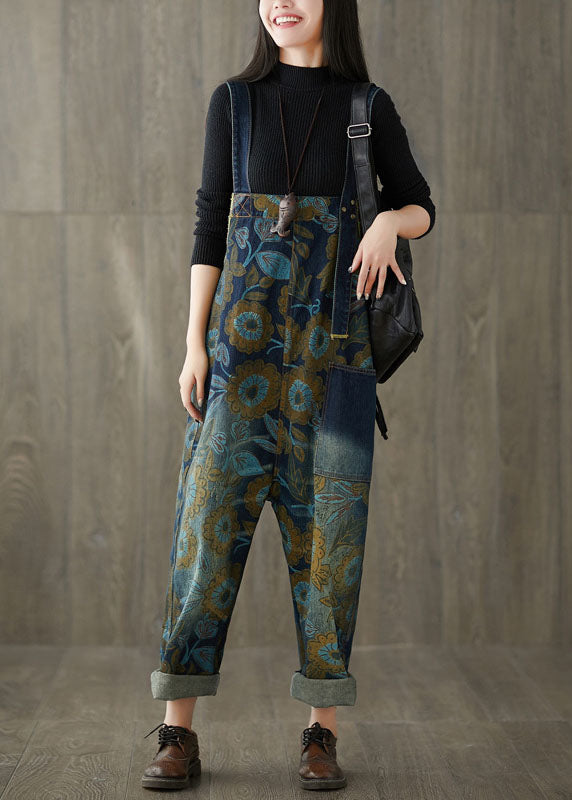 Beautiful Navy pockets Print jeans Jumpsuit Spring dylinoshop