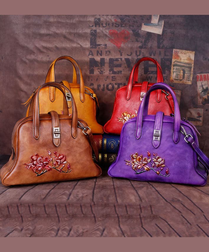 Beautiful Purple Embossing Paitings Calf Leather Satchel Handbag BGS220210