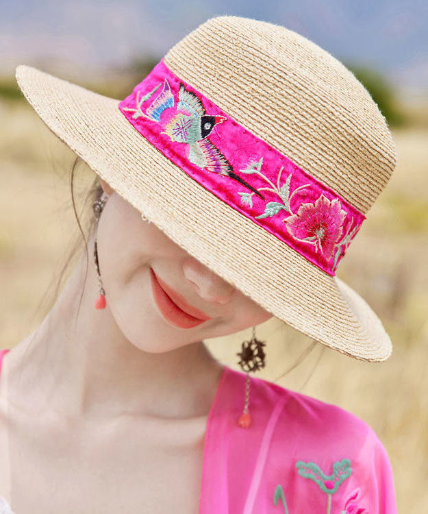 Beautiful Rose Embroideried Straw Woven Beach Floppy Sun Hat dylinoshop