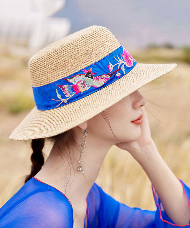 Beautiful Rose Embroideried Straw Woven Beach Floppy Sun Hat dylinoshop