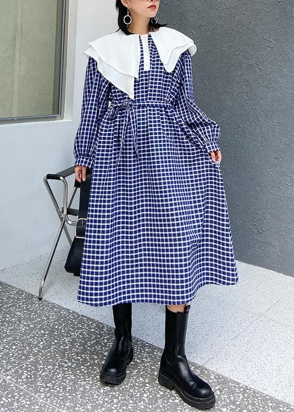 Beautiful Ruffled tie waist cotton fall clothes Outfits blue plaid Plus Size Dress AT-FDL201014