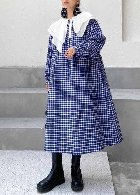 Beautiful Ruffled tie waist cotton fall clothes Outfits blue plaid Plus Size Dress AT-FDL201014