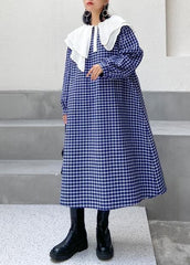 Beautiful Ruffled tie waist cotton fall clothes Outfits blue plaid Plus Size Dress AT-FDL201014