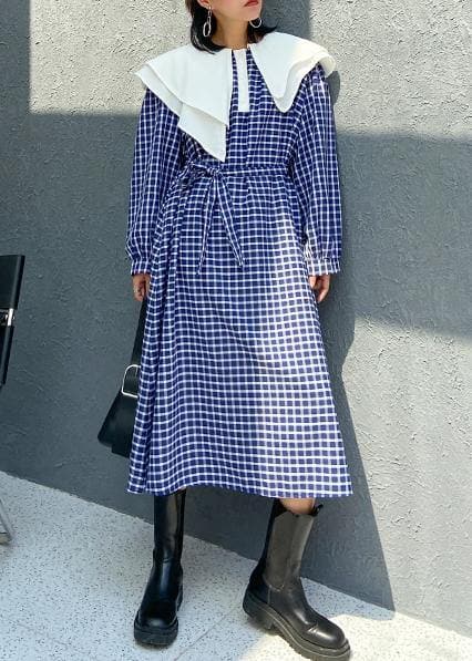 Beautiful Ruffled tie waist cotton fall clothes Outfits blue plaid Plus Size Dress AT-FDL201014