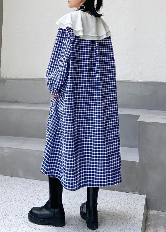 Beautiful Ruffled tie waist cotton fall clothes Outfits blue plaid Plus Size Dress AT-FDL201014