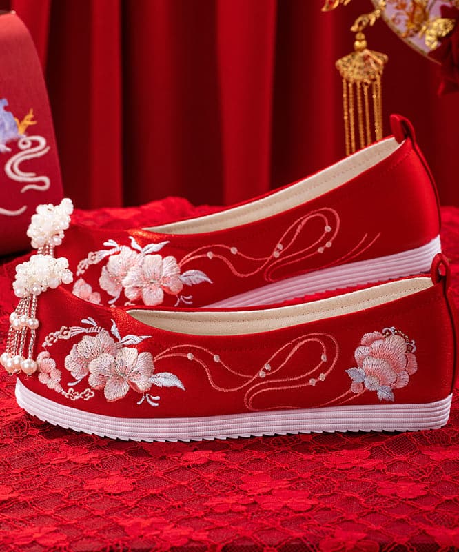 Beautiful Wedding Flat Shoes For Women Red Embroideried Cotton Fabric BX-XZ-PDX20220401