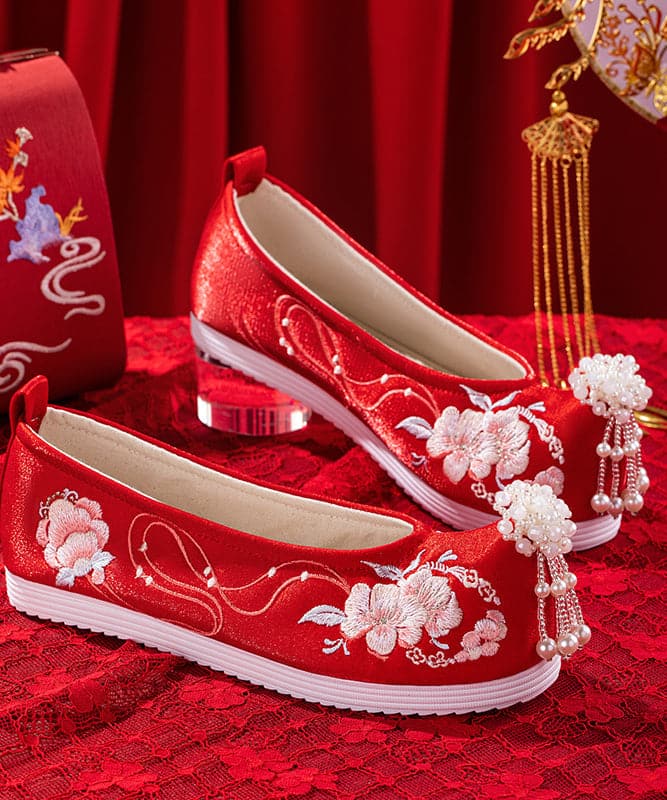 Beautiful Wedding Flat Shoes For Women Red Embroideried Cotton Fabric BX-XZ-PDX20220401