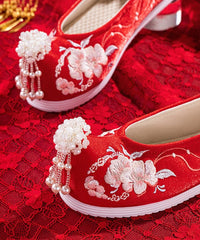 Beautiful Wedding Flat Shoes For Women Red Embroideried Cotton Fabric BX-XZ-PDX20220401