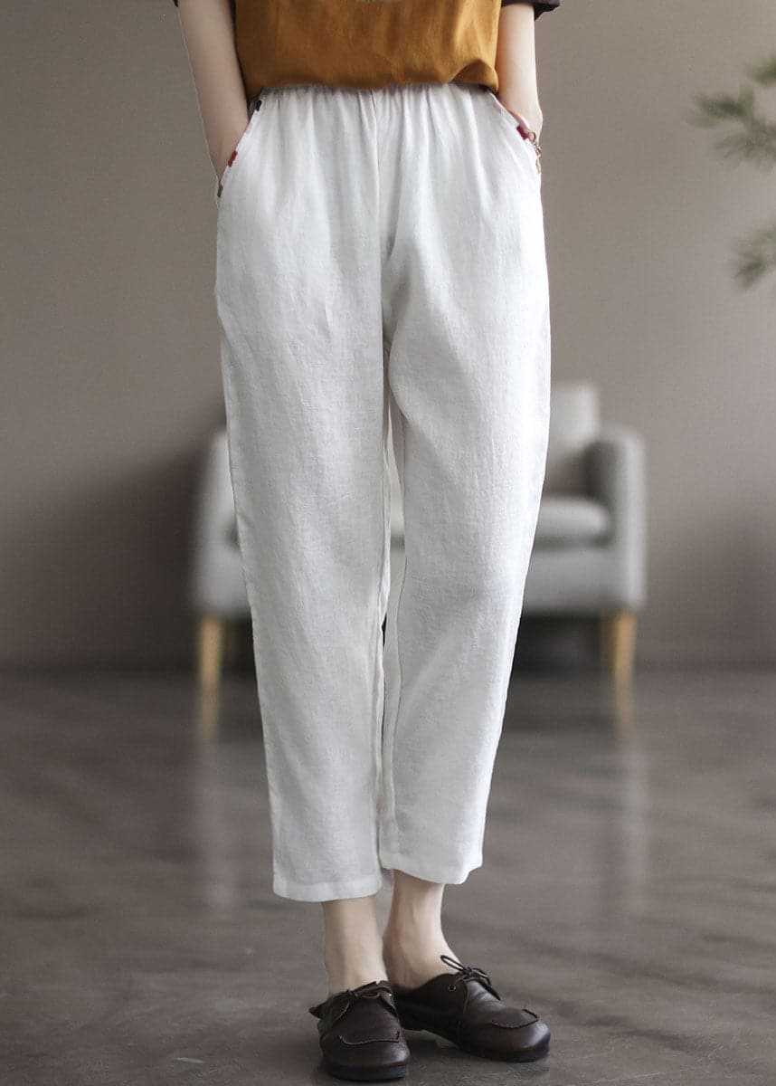 Beautiful White Elastic Waist Solid Linen Harem Pants Summer GK-CPTS220523