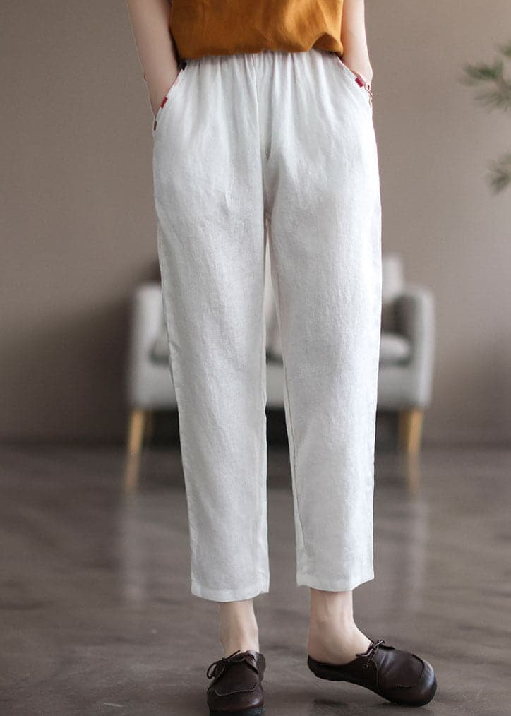 Beautiful White Elastic Waist Solid Linen Harem Pants Summer GK-CPTS220523