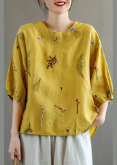 Beautiful Yellow O-Neck Embroideried Linen Tank Top Lantern Sleeve GK-HTP220804