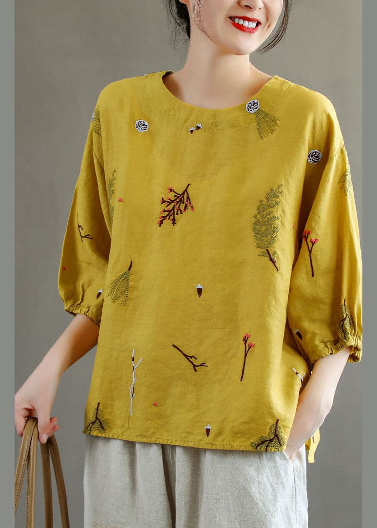 Beautiful Yellow O-Neck Embroideried Linen Tank Top Lantern Sleeve GK-HTP220804