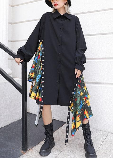 Beautiful black Cotton dress side patchwork Plus Size fall shirt Dress AT-FDM190903