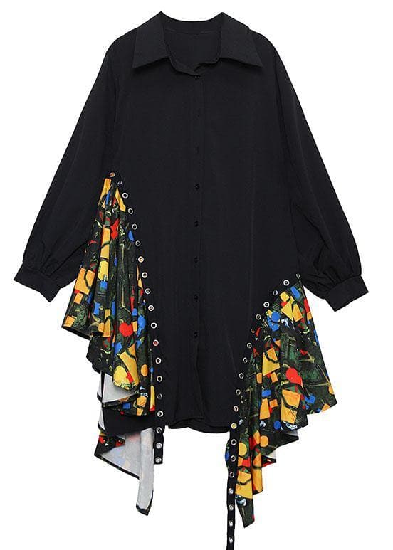 Beautiful black Cotton dress side patchwork Plus Size fall shirt Dress AT-FDM190903