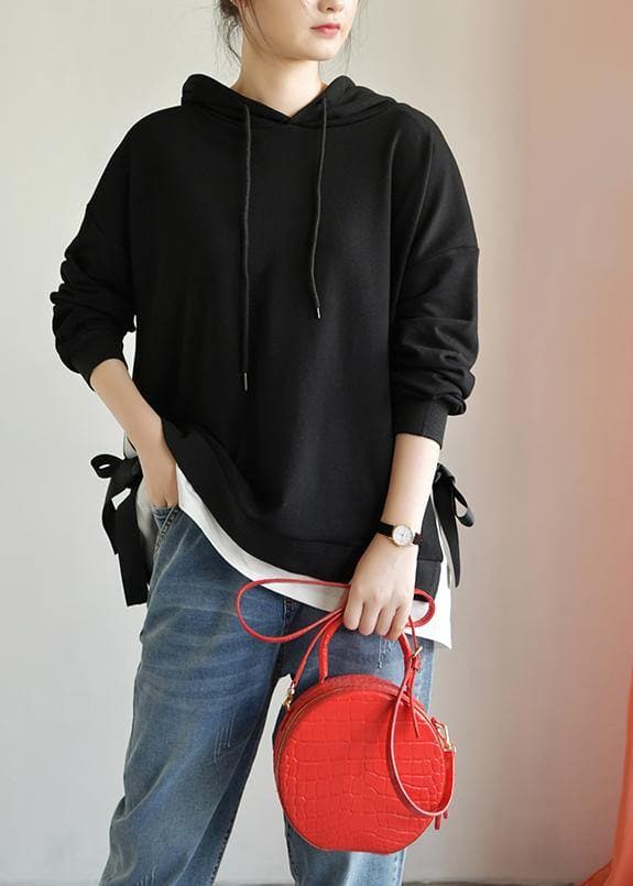 Beautiful black cotton shirts women hooded drawstring Plus Size Clothing fall top LTP190827