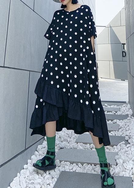 Beautiful black dotted cotton tunics for women o neck Ruffles Dress AT-SDL200508