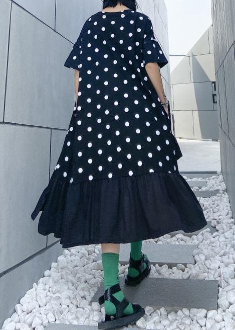 Beautiful black dotted cotton tunics for women o neck Ruffles Dress AT-SDL200508