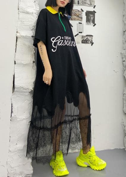 Beautiful black embroidery cotton clothes lapel patchwork tulle Traveling Dresses AT-SDL200617