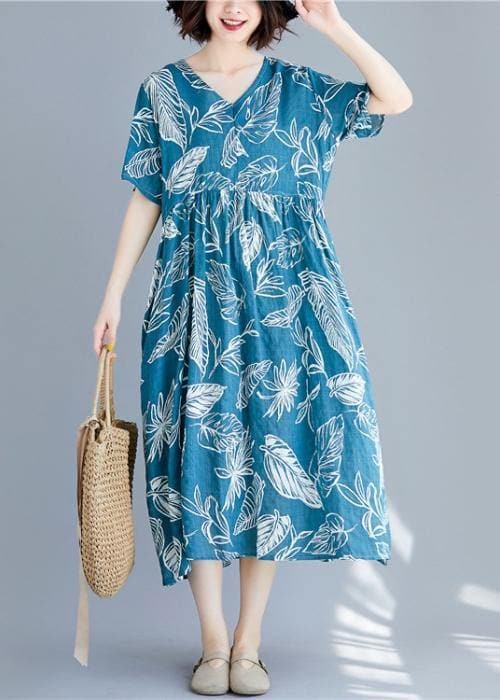 Beautiful blue print linen clothes For Women v neck Cinched cotton summer Dresses SDL200325