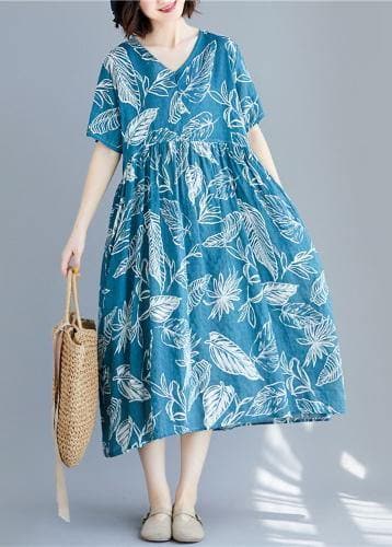 Beautiful blue print linen clothes For Women v neck Cinched cotton summer Dresses SDL200325