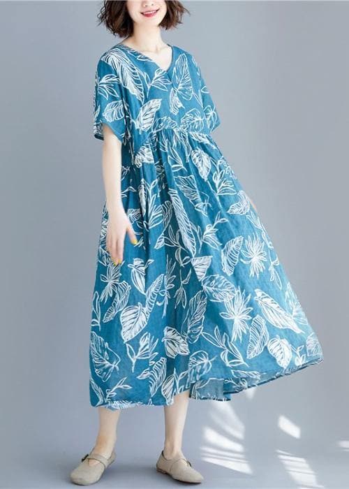 Beautiful blue print linen clothes For Women v neck Cinched cotton summer Dresses SDL200325