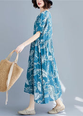 Beautiful blue print linen clothes For Women v neck Cinched cotton summer Dresses SDL200325