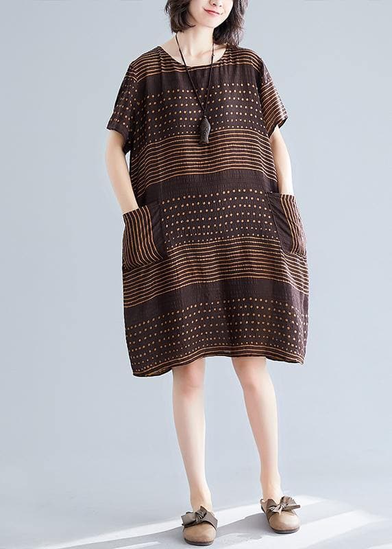 Beautiful chocolate dotted Cotton tunic top o neck pockets short Dress SDM200325