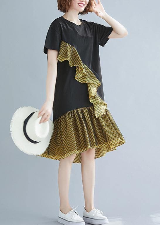 Beautiful o neck Ruffles Cotton summer clothes For Women black Dresses SDM200325