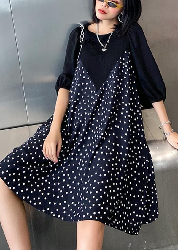 Beautiful patchwork Cotton summer dress Work Outfits black dotted Dress AT-SDM200617