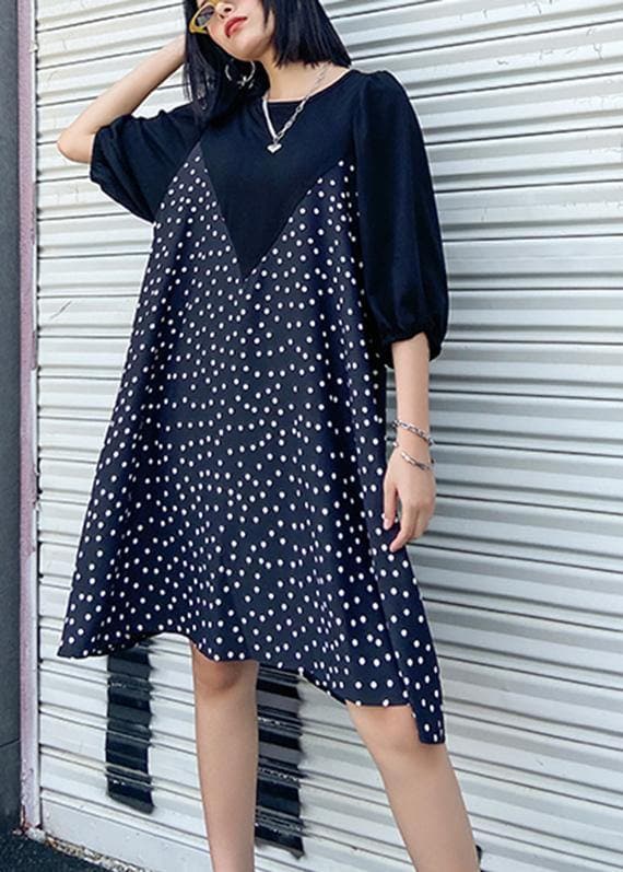 Beautiful patchwork Cotton summer dress Work Outfits black dotted Dress AT-SDM200617