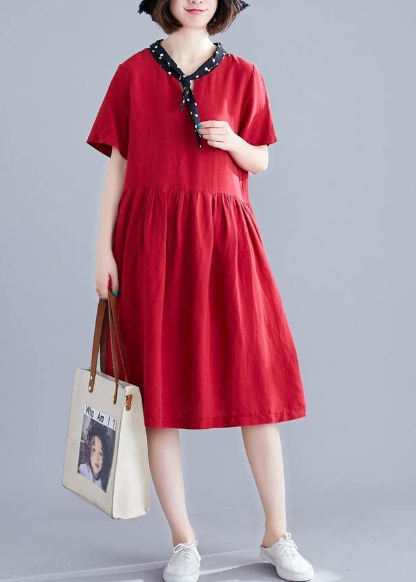 Beautiful red Cotton clothes v neck Cinched cotton Dresses SDM200325