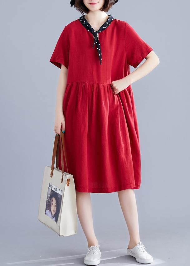 Beautiful red Cotton clothes v neck Cinched cotton Dresses SDM200325