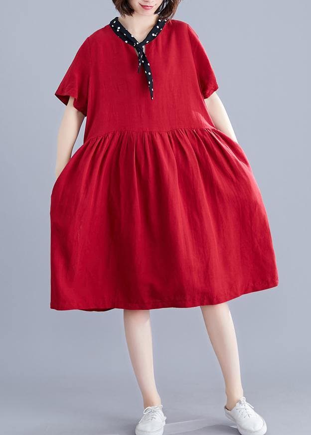 Beautiful red Cotton clothes v neck Cinched cotton Dresses SDM200325